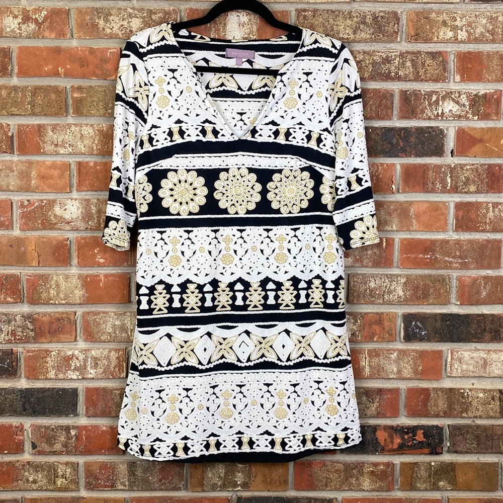 HARPER Black Gold White V Neck Tunic Top Size Medium